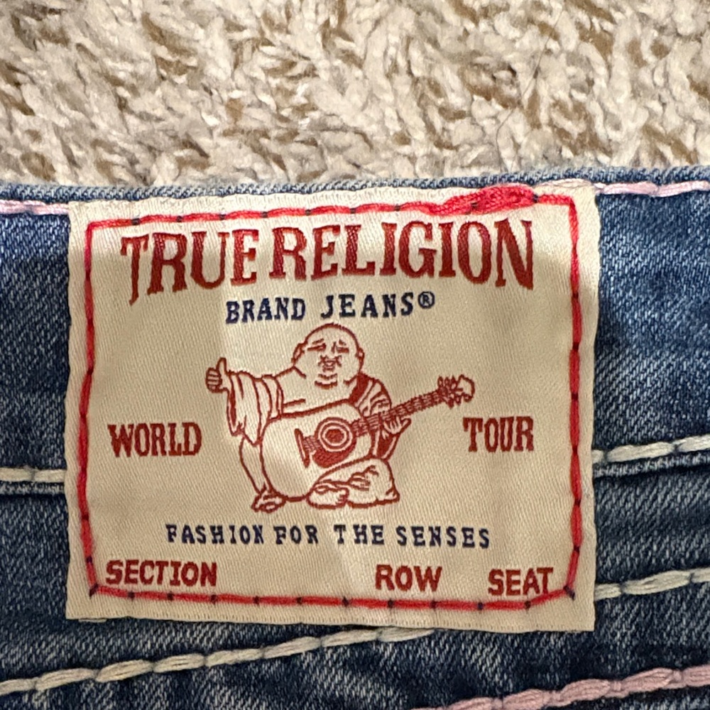 True Religion Blue Denim Shorts with Red Accents - Picture 2 of 5